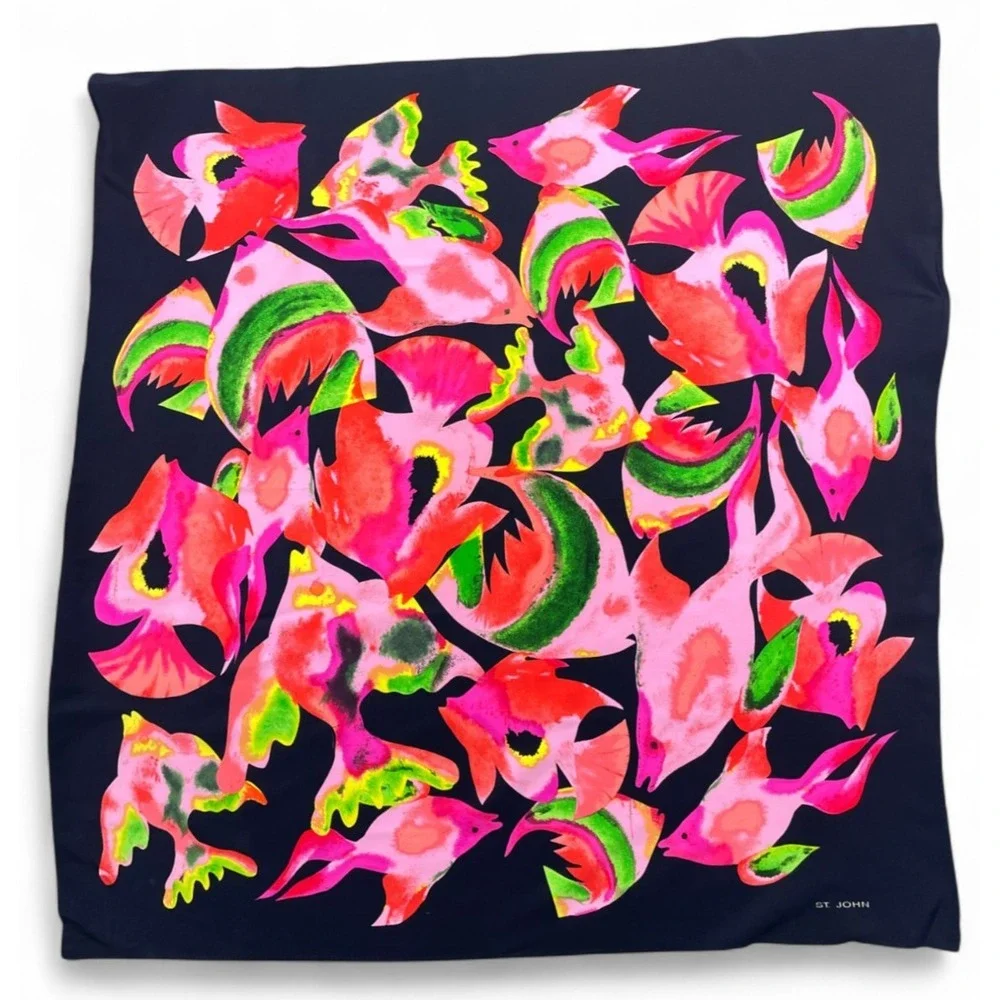 St John Silk Scarf Pink Navy Blue Fish Birds